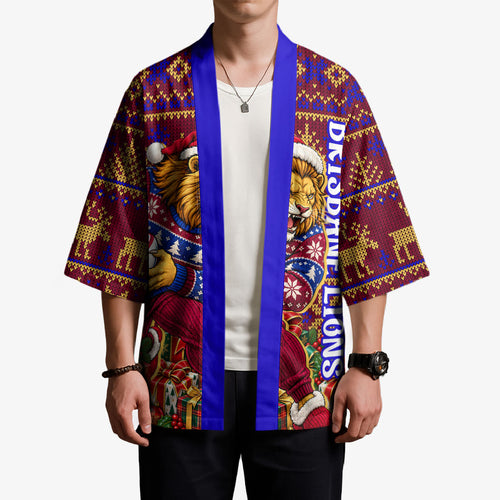 Personalized Brisbane Lions Christmas Kimono Australian Football Mascot - Ugly Xmas Pattern Festive