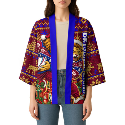 Personalized Brisbane Lions Christmas Kimono Australian Football Mascot - Ugly Xmas Pattern Festive