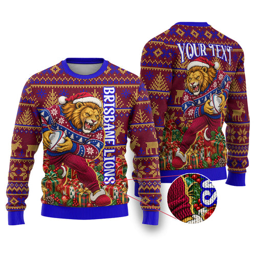 Personalized Brisbane Lions Christmas Ugly Christmas Sweater Australian Football Mascot - Ugly Xmas Pattern Festive