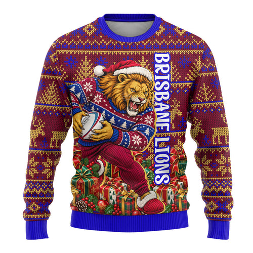 Personalized Brisbane Lions Christmas Ugly Christmas Sweater Australian Football Mascot - Ugly Xmas Pattern Festive