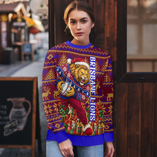 Personalized Brisbane Lions Christmas Ugly Christmas Sweater Australian Football Mascot - Ugly Xmas Pattern Festive