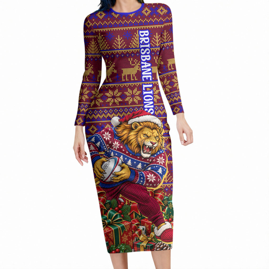 Personalized Brisbane Lions Christmas Long Sleeve Bodycon Dress Australian Football Mascot - Ugly Xmas Pattern Festive
