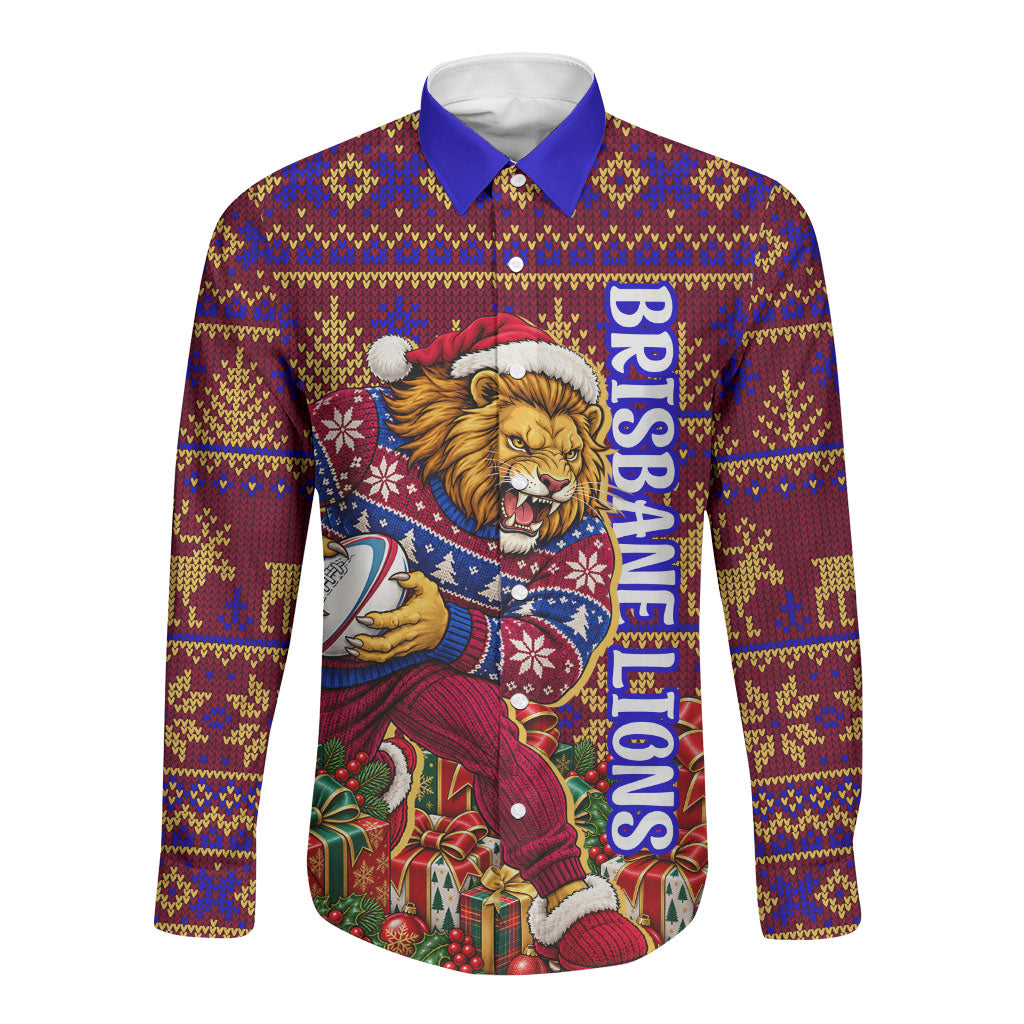 Personalized Brisbane Lions Christmas Long Sleeve Button Shirt Australian Football Mascot - Ugly Xmas Pattern Festive