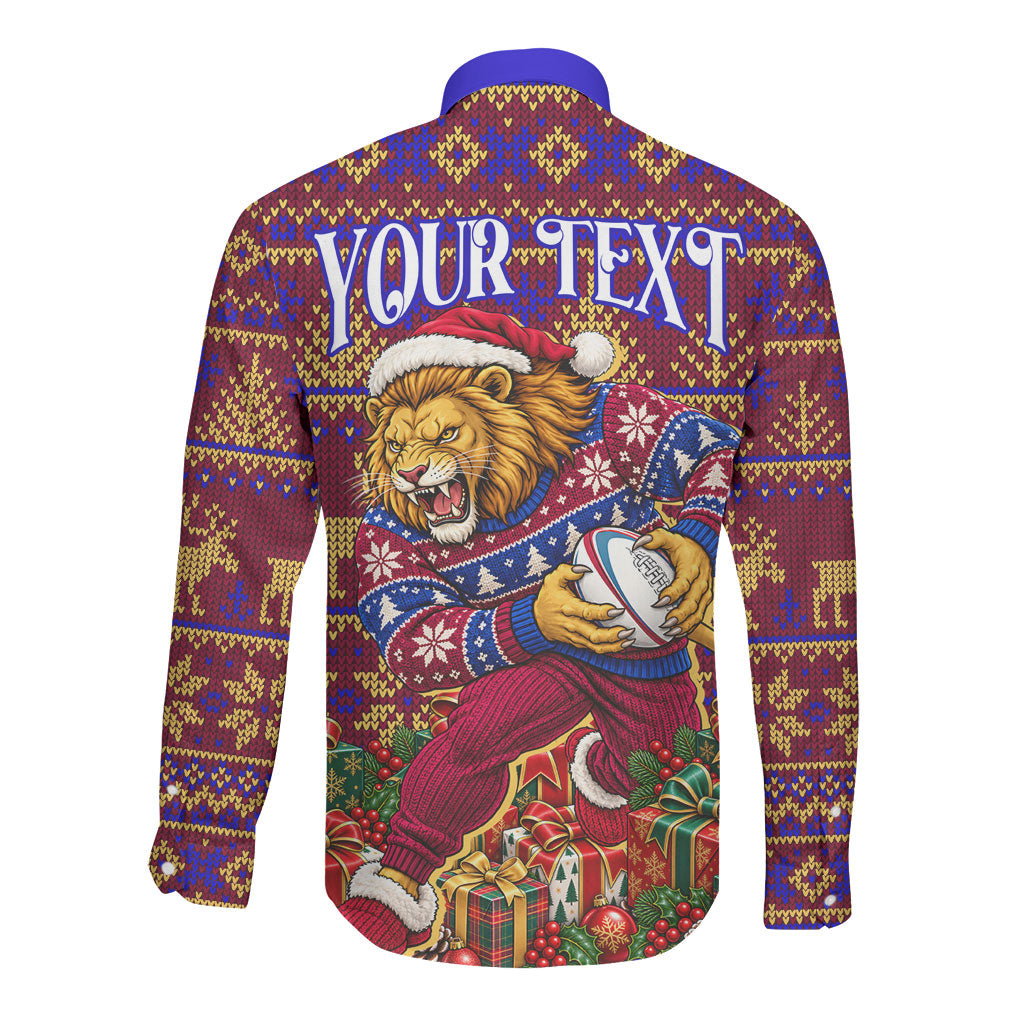 Personalized Brisbane Lions Christmas Long Sleeve Button Shirt Australian Football Mascot - Ugly Xmas Pattern Festive