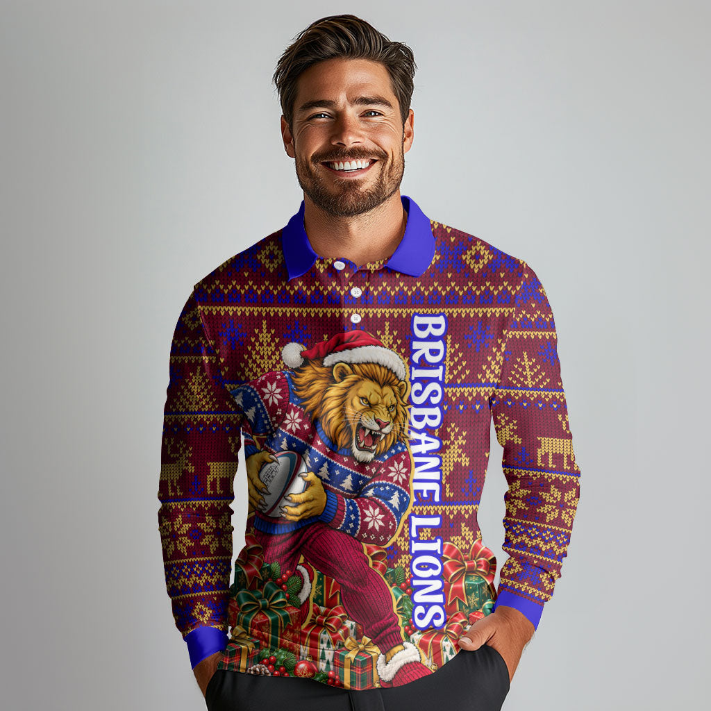 Personalized Brisbane Lions Christmas Long Sleeve Polo Shirt Australian Football Mascot - Ugly Xmas Pattern Festive