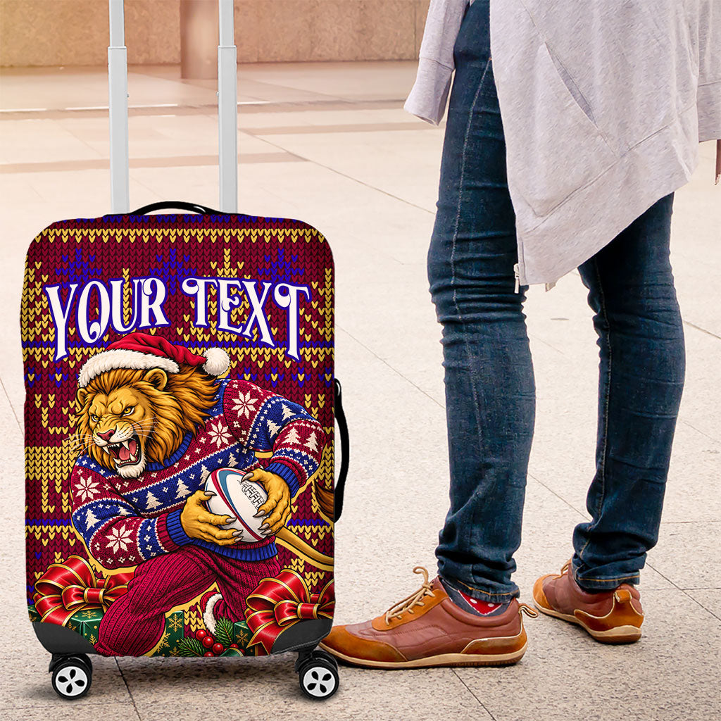 Personalized Brisbane Lions Christmas Luggage Cover Australian Football Mascot - Ugly Xmas Pattern Festive