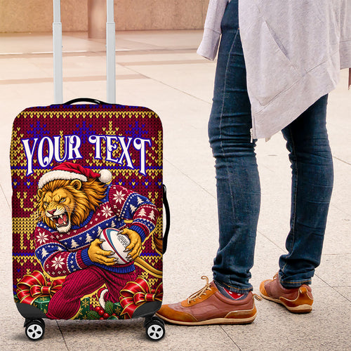 Personalized Brisbane Lions Christmas Luggage Cover Australian Football Mascot - Ugly Xmas Pattern Festive