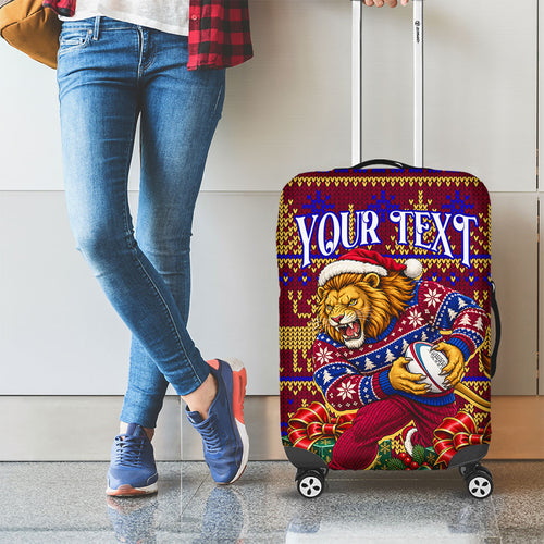 Personalized Brisbane Lions Christmas Luggage Cover Australian Football Mascot - Ugly Xmas Pattern Festive