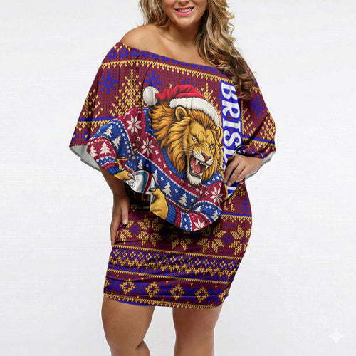Personalized Brisbane Lions Christmas Off Shoulder Short Dress Australian Football Mascot - Ugly Xmas Pattern Festive