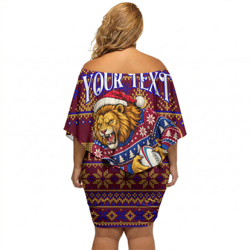 Personalized Brisbane Lions Christmas Off Shoulder Short Dress Australian Football Mascot - Ugly Xmas Pattern Festive