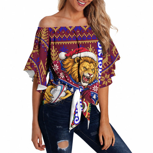 Personalized Brisbane Lions Christmas Off Shoulder Wrap Waist Top Australian Football Mascot - Ugly Xmas Pattern Festive