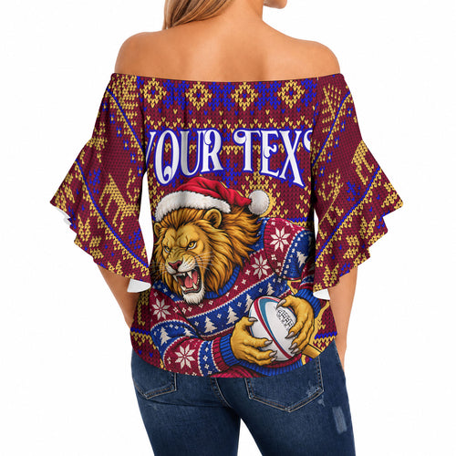 Personalized Brisbane Lions Christmas Off Shoulder Wrap Waist Top Australian Football Mascot - Ugly Xmas Pattern Festive