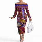 Personalized Brisbane Lions Christmas Off The Shoulder Long Sleeve Dress Australian Football Mascot - Ugly Xmas Pattern Festive