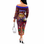 Personalized Brisbane Lions Christmas Off The Shoulder Long Sleeve Dress Australian Football Mascot - Ugly Xmas Pattern Festive