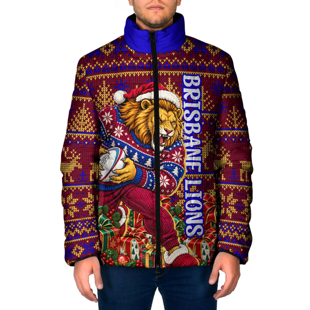 Personalized Brisbane Lions Christmas Padded Jacket Australian Football Mascot - Ugly Xmas Pattern Festive