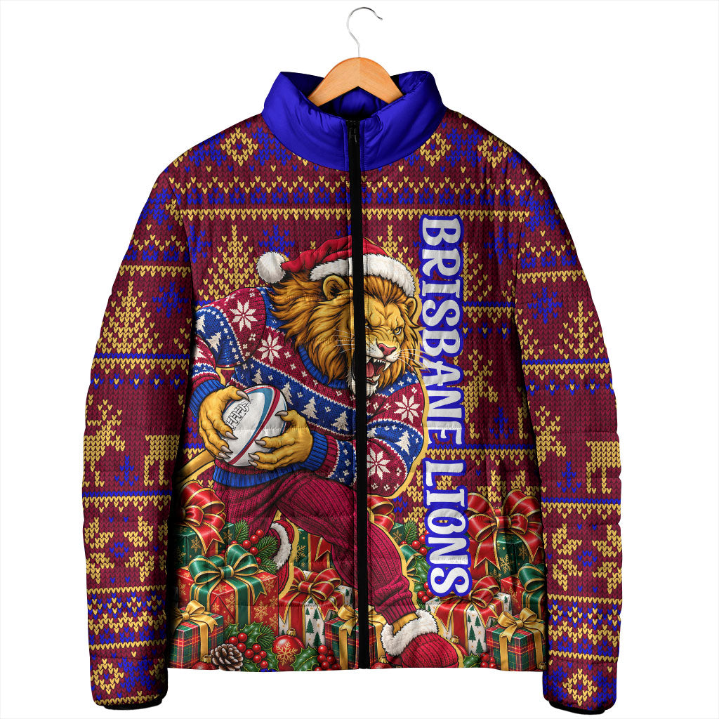 Personalized Brisbane Lions Christmas Padded Jacket Australian Football Mascot - Ugly Xmas Pattern Festive
