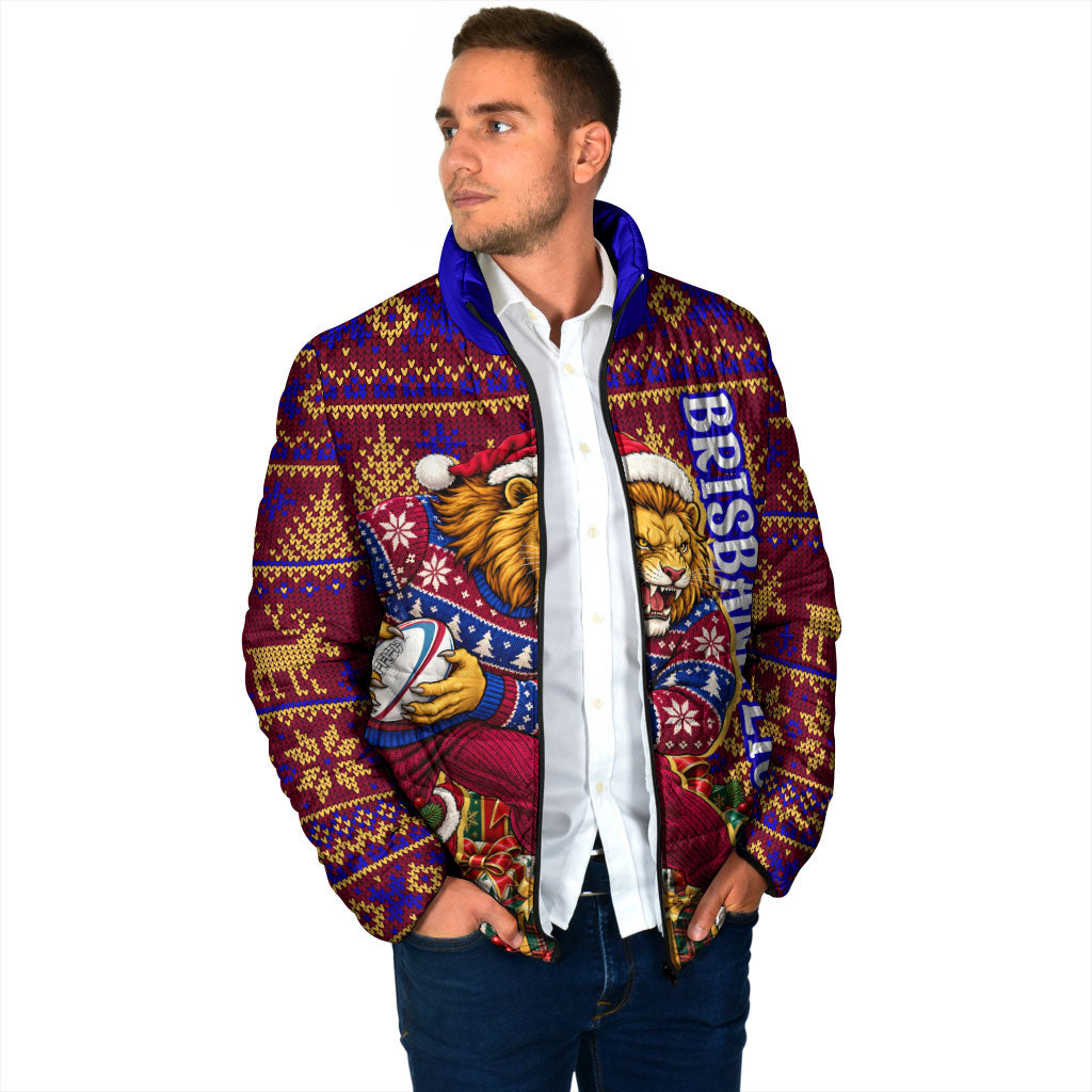 Personalized Brisbane Lions Christmas Padded Jacket Australian Football Mascot - Ugly Xmas Pattern Festive