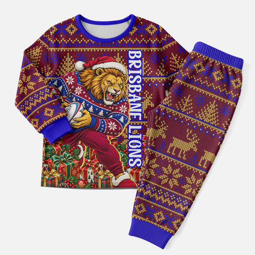 Personalized Brisbane Lions Christmas Pajama Set Australian Football Mascot - Ugly Xmas Pattern Festive