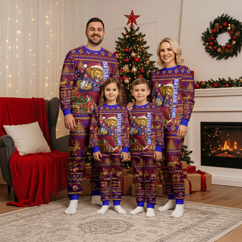 Personalized Brisbane Lions Christmas Pajama Set Australian Football Mascot - Ugly Xmas Pattern Festive