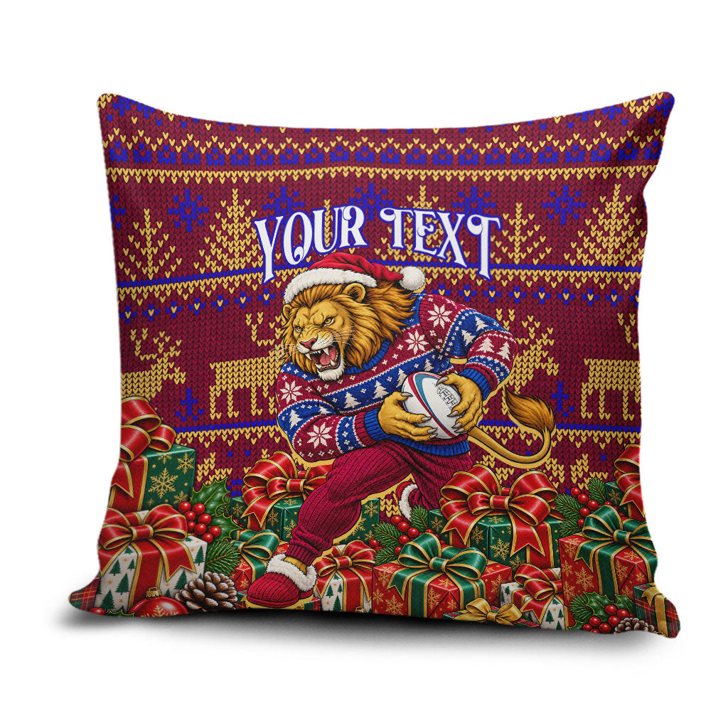 Personalized Brisbane Lions Christmas Pillow Cover Australian Football Mascot - Ugly Xmas Pattern Festive