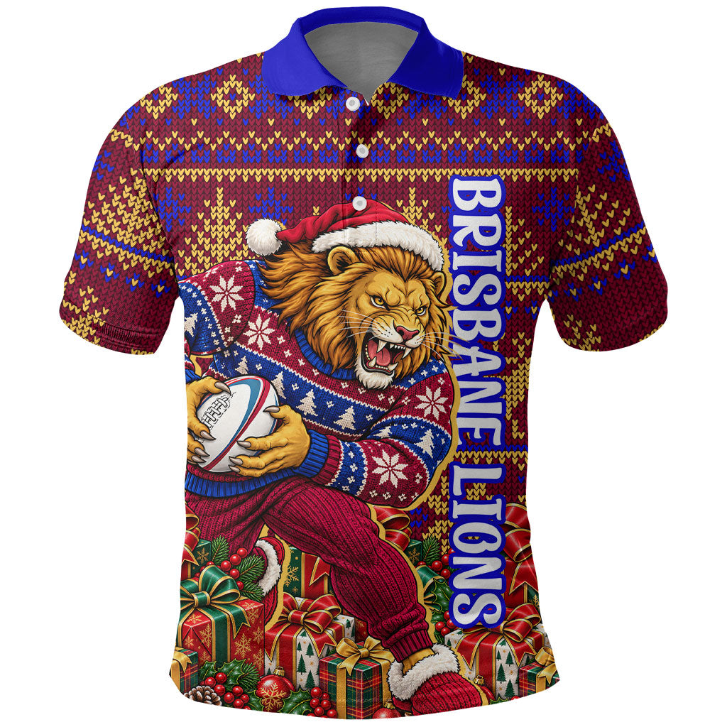 Personalized Brisbane Lions Christmas Polo Shirt Australian Football Mascot - Ugly Xmas Pattern Festive