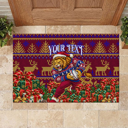 Personalized Brisbane Lions Christmas Rubber Doormat Australian Football Mascot - Ugly Xmas Pattern Festive