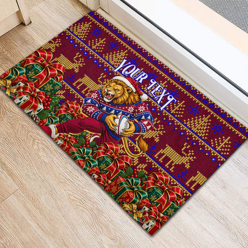 Personalized Brisbane Lions Christmas Rubber Doormat Australian Football Mascot - Ugly Xmas Pattern Festive