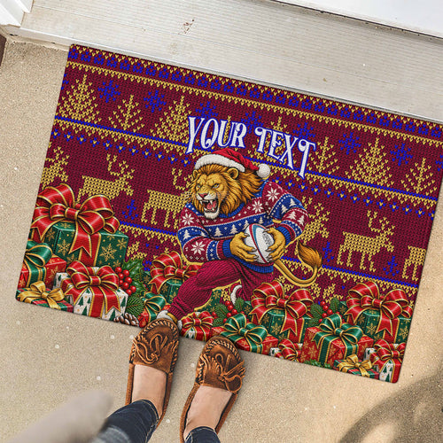 Personalized Brisbane Lions Christmas Rubber Doormat Australian Football Mascot - Ugly Xmas Pattern Festive
