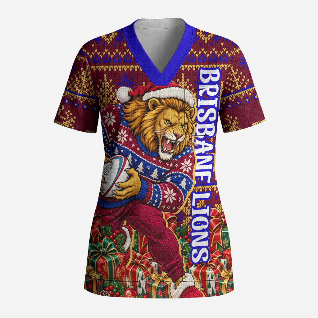 Personalized Brisbane Lions Christmas Scrub Top Australian Football Mascot - Ugly Xmas Pattern Festive