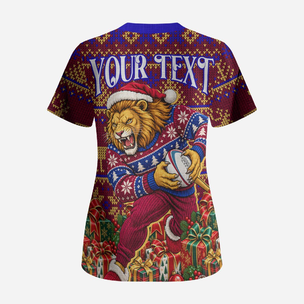 Personalized Brisbane Lions Christmas Scrub Top Australian Football Mascot - Ugly Xmas Pattern Festive