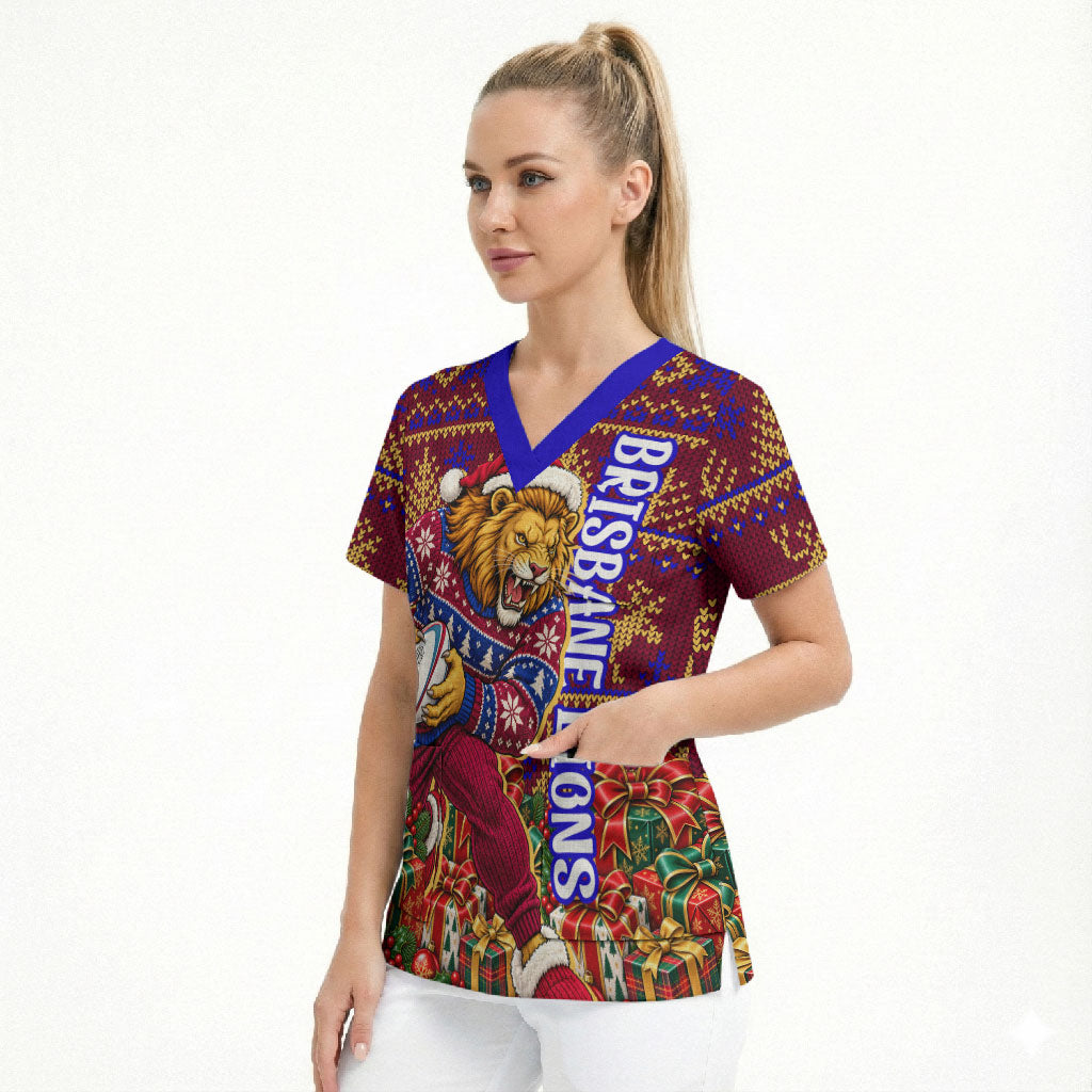 Personalized Brisbane Lions Christmas Scrub Top Australian Football Mascot - Ugly Xmas Pattern Festive