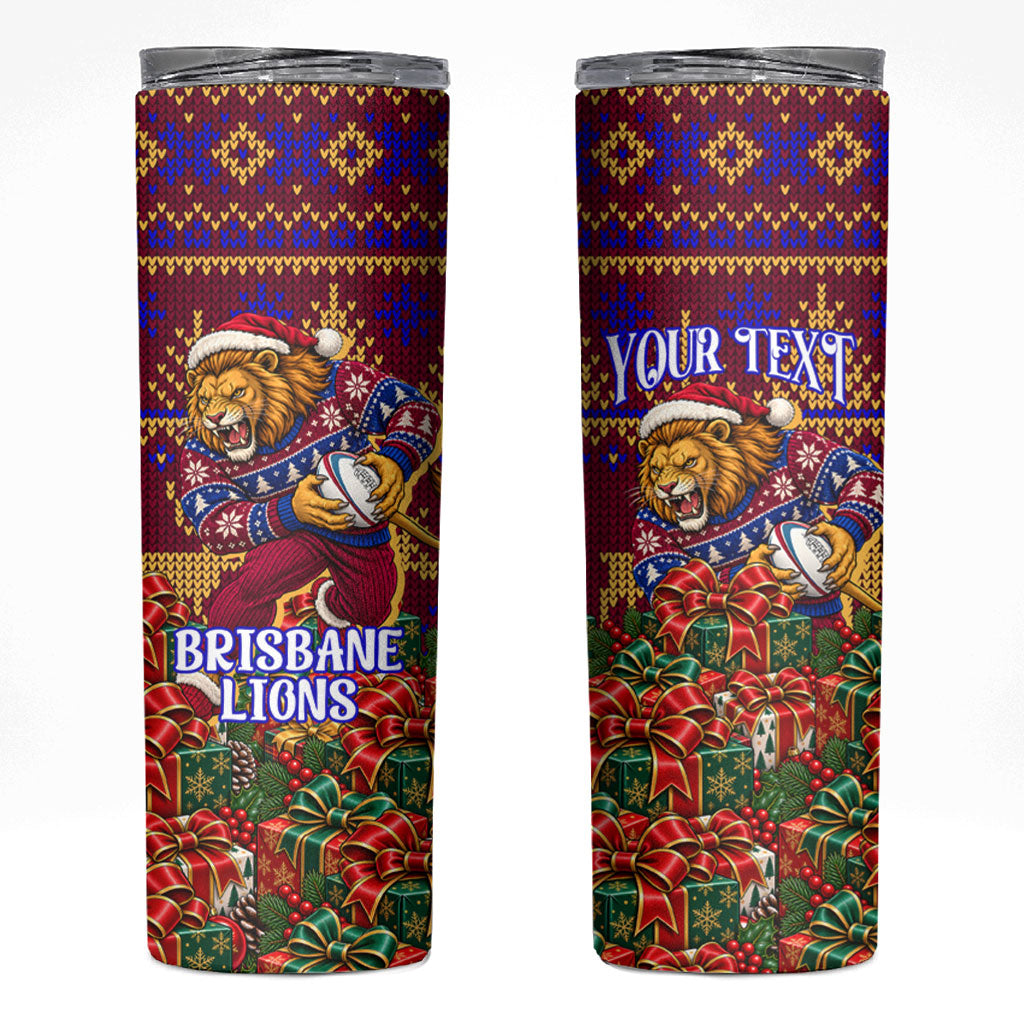 Personalized Brisbane Lions Christmas Skinny Tumbler Australian Football Mascot - Ugly Xmas Pattern Festive