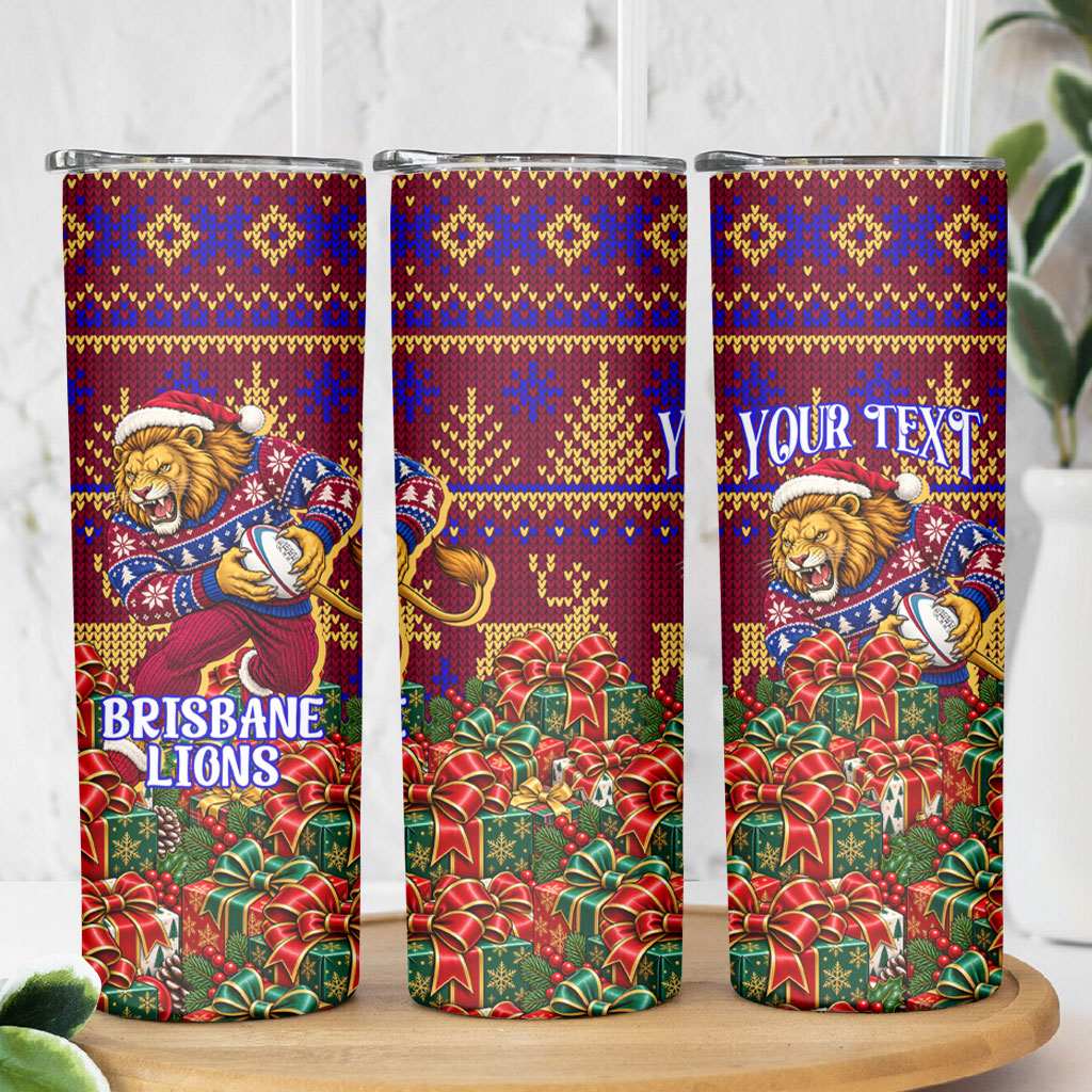 Personalized Brisbane Lions Christmas Skinny Tumbler Australian Football Mascot - Ugly Xmas Pattern Festive