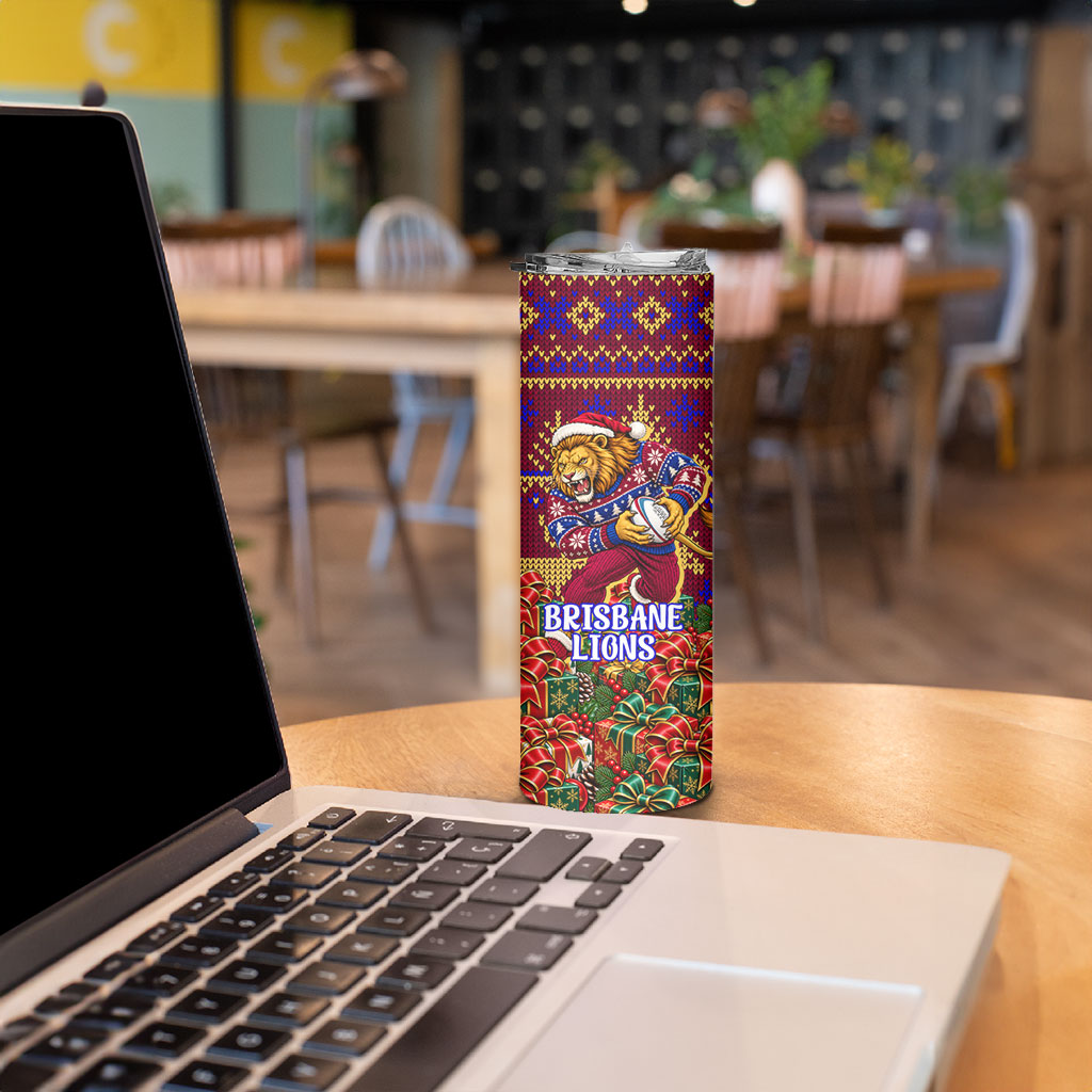 Personalized Brisbane Lions Christmas Skinny Tumbler Australian Football Mascot - Ugly Xmas Pattern Festive