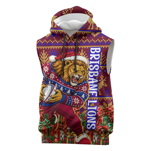 Personalized Brisbane Lions Christmas Sleeveless Hoodie Australian Football Mascot - Ugly Xmas Pattern Festive