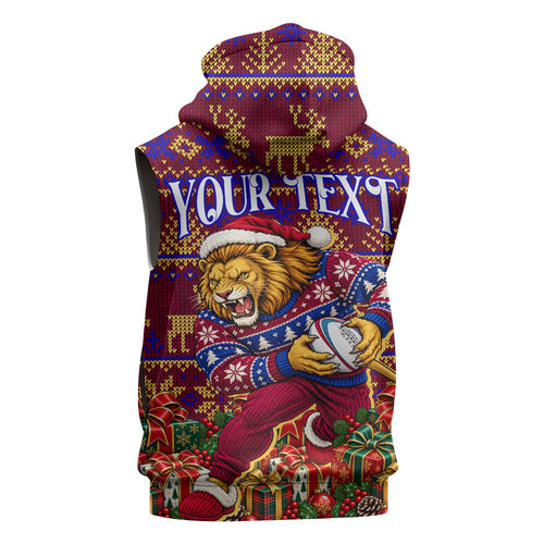 Personalized Brisbane Lions Christmas Sleeveless Hoodie Australian Football Mascot - Ugly Xmas Pattern Festive