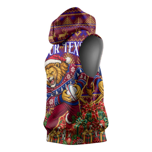 Personalized Brisbane Lions Christmas Sleeveless Hoodie Australian Football Mascot - Ugly Xmas Pattern Festive