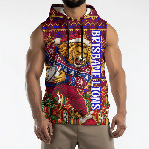 Personalized Brisbane Lions Christmas Sleeveless Hoodie Australian Football Mascot - Ugly Xmas Pattern Festive