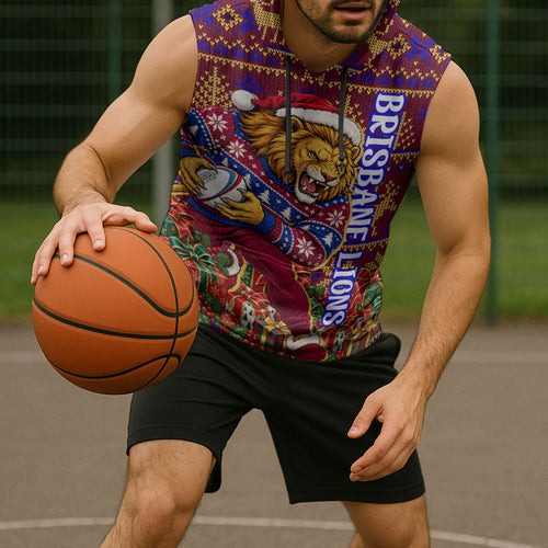 Personalized Brisbane Lions Christmas Sleeveless Hoodie Australian Football Mascot - Ugly Xmas Pattern Festive