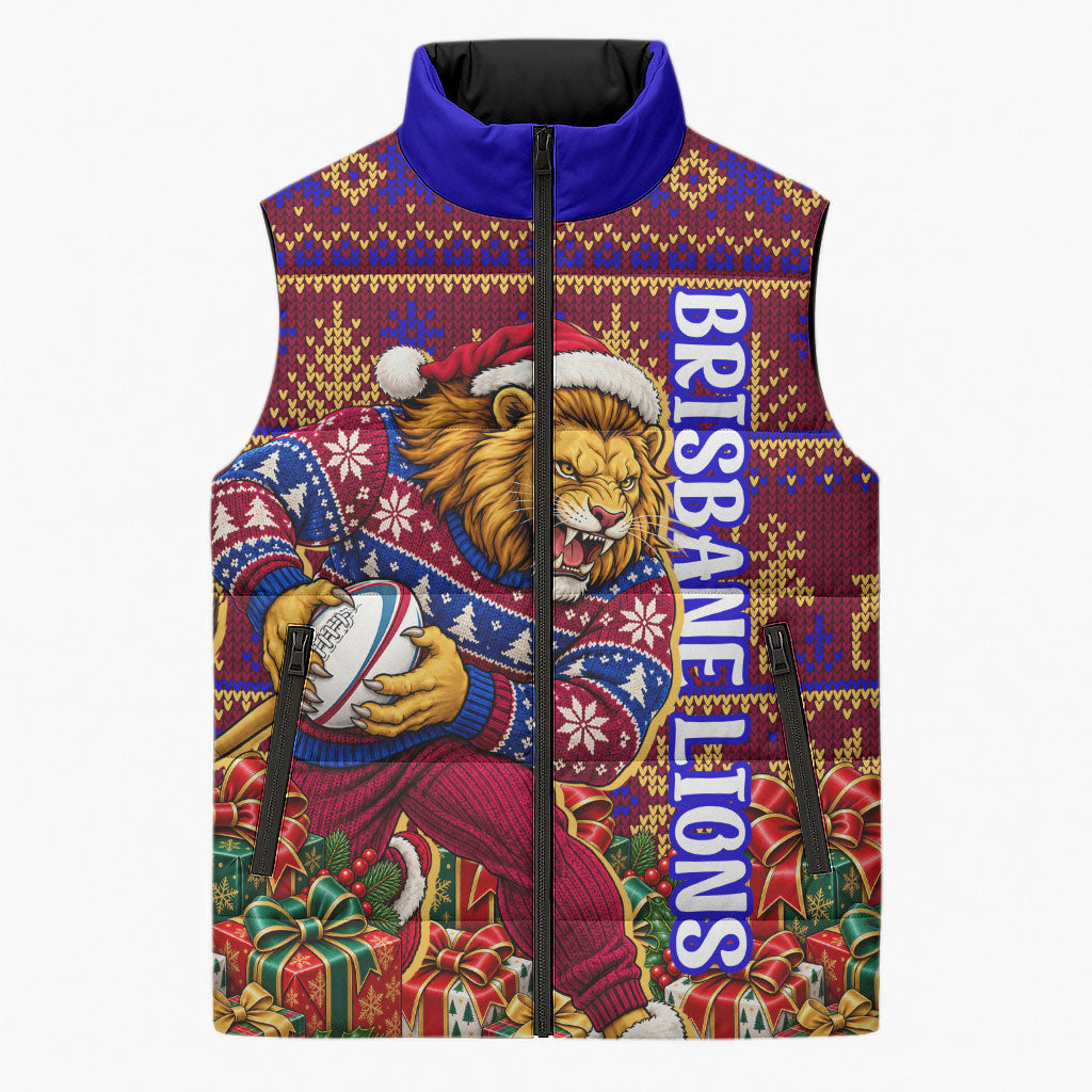 Personalized Brisbane Lions Christmas Sleeveless Puffer Jacket Australian Football Mascot - Ugly Xmas Pattern Festive