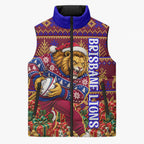 Personalized Brisbane Lions Christmas Sleeveless Puffer Jacket Australian Football Mascot - Ugly Xmas Pattern Festive