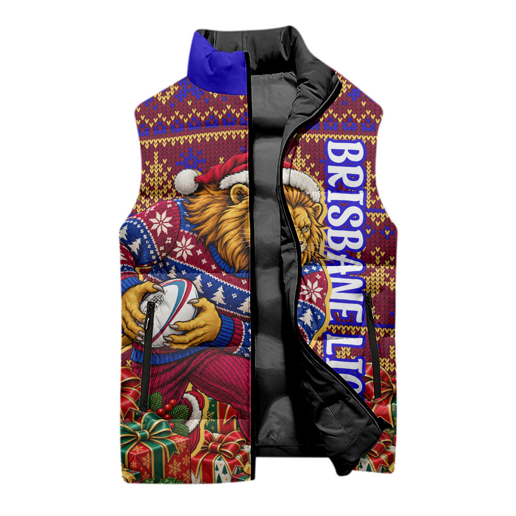 Personalized Brisbane Lions Christmas Sleeveless Puffer Jacket Australian Football Mascot - Ugly Xmas Pattern Festive