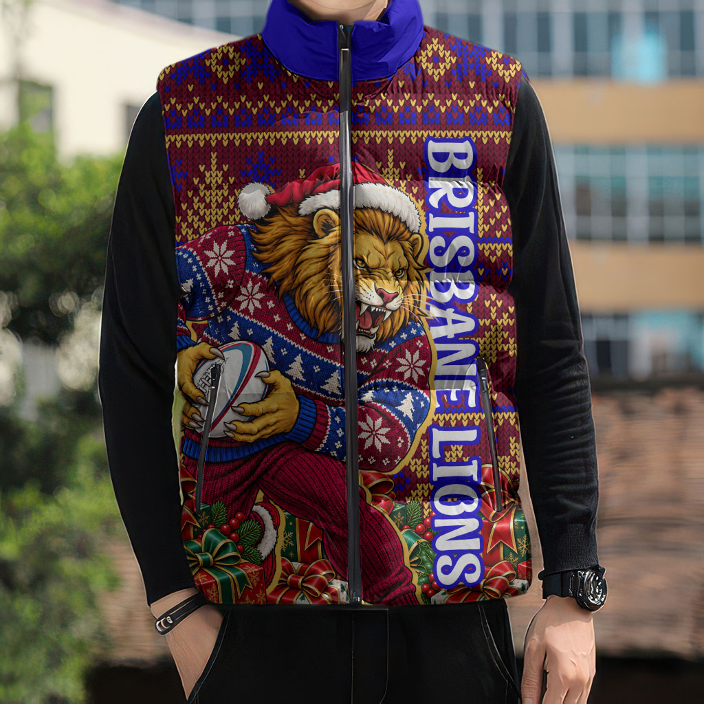 Personalized Brisbane Lions Christmas Sleeveless Puffer Jacket Australian Football Mascot - Ugly Xmas Pattern Festive
