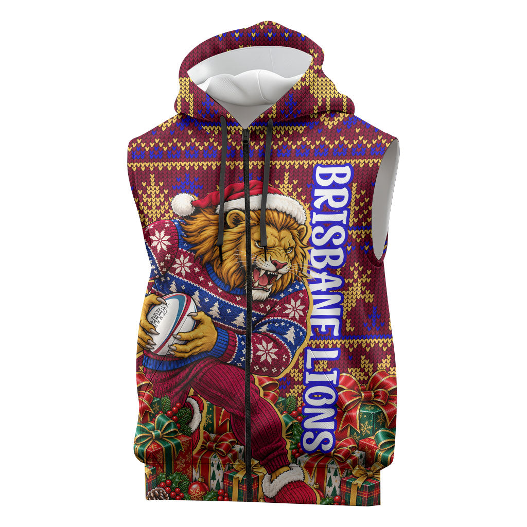 Personalized Brisbane Lions Christmas Sleeveless Zip Hoodie Australian Football Mascot - Ugly Xmas Pattern Festive