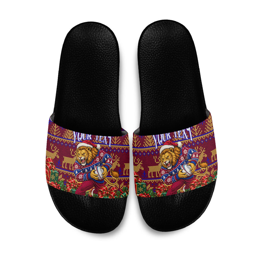 Personalized Brisbane Lions Christmas Slide Sandals Australian Football Mascot - Ugly Xmas Pattern Festive