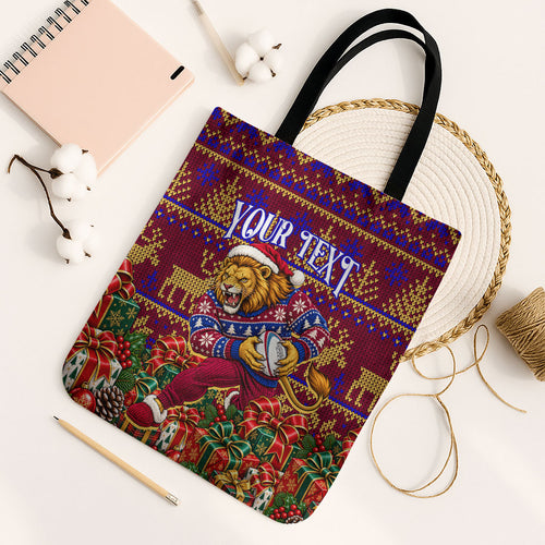 Personalized Brisbane Lions Christmas Tote Bag Australian Football Mascot - Ugly Xmas Pattern Festive