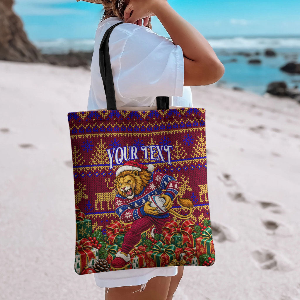 Personalized Brisbane Lions Christmas Tote Bag Australian Football Mascot - Ugly Xmas Pattern Festive