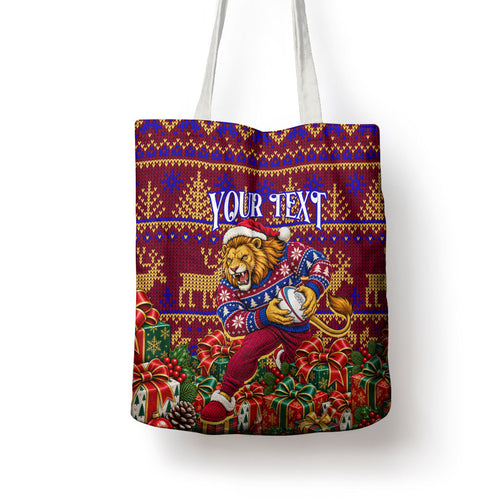 Personalized Brisbane Lions Christmas Tote Bag Australian Football Mascot - Ugly Xmas Pattern Festive