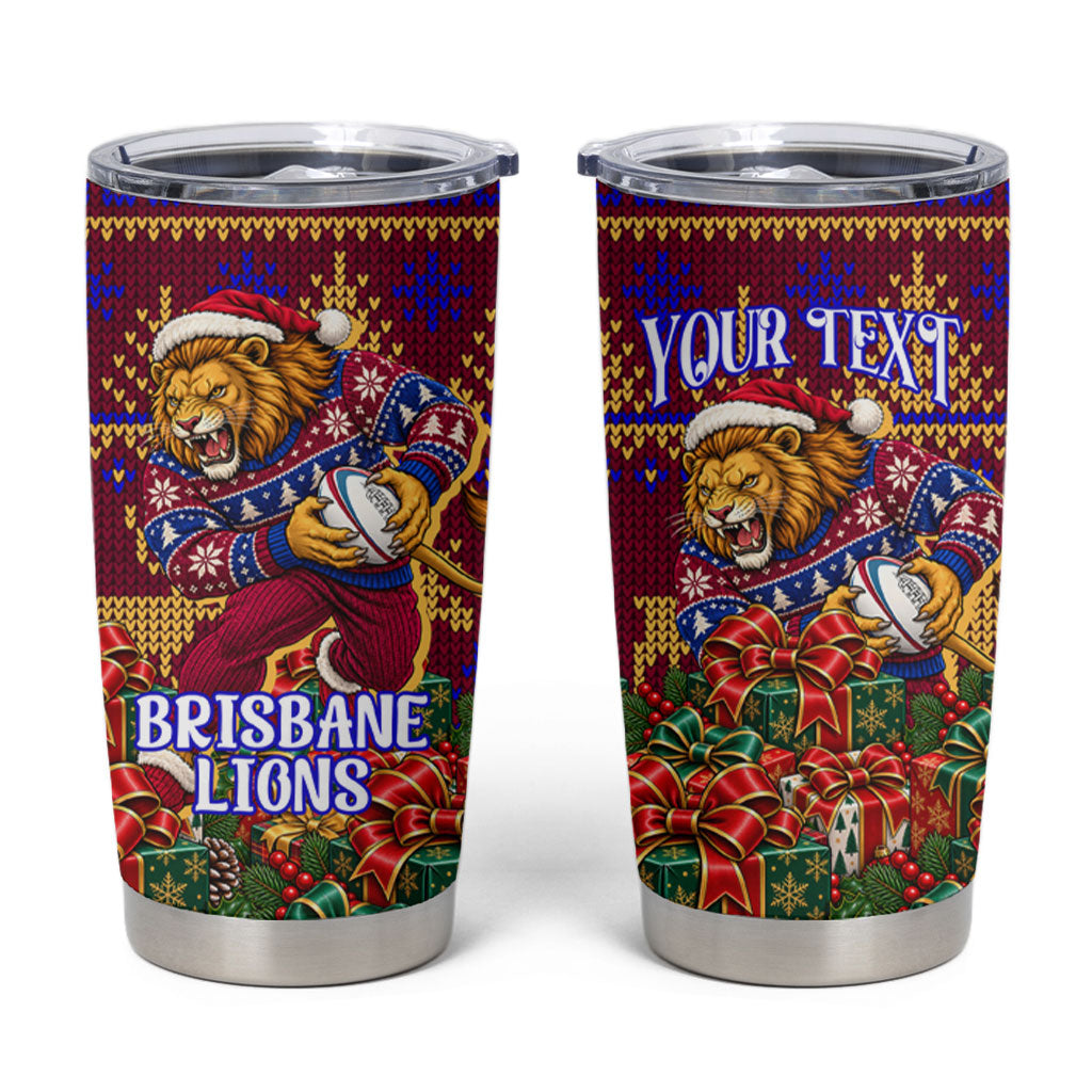 Personalized Brisbane Lions Christmas Tumbler Cup Australian Football Mascot - Ugly Xmas Pattern Festive
