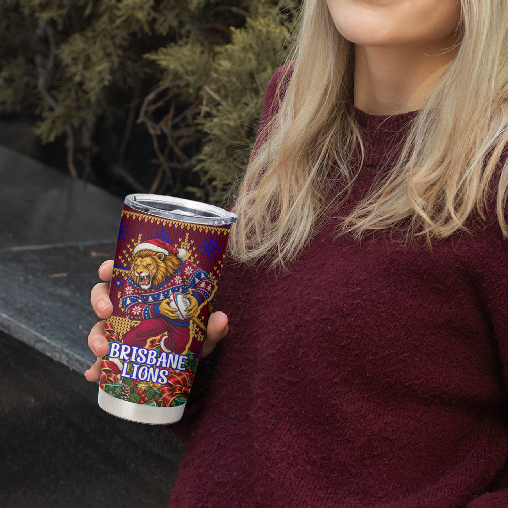 Personalized Brisbane Lions Christmas Tumbler Cup Australian Football Mascot - Ugly Xmas Pattern Festive